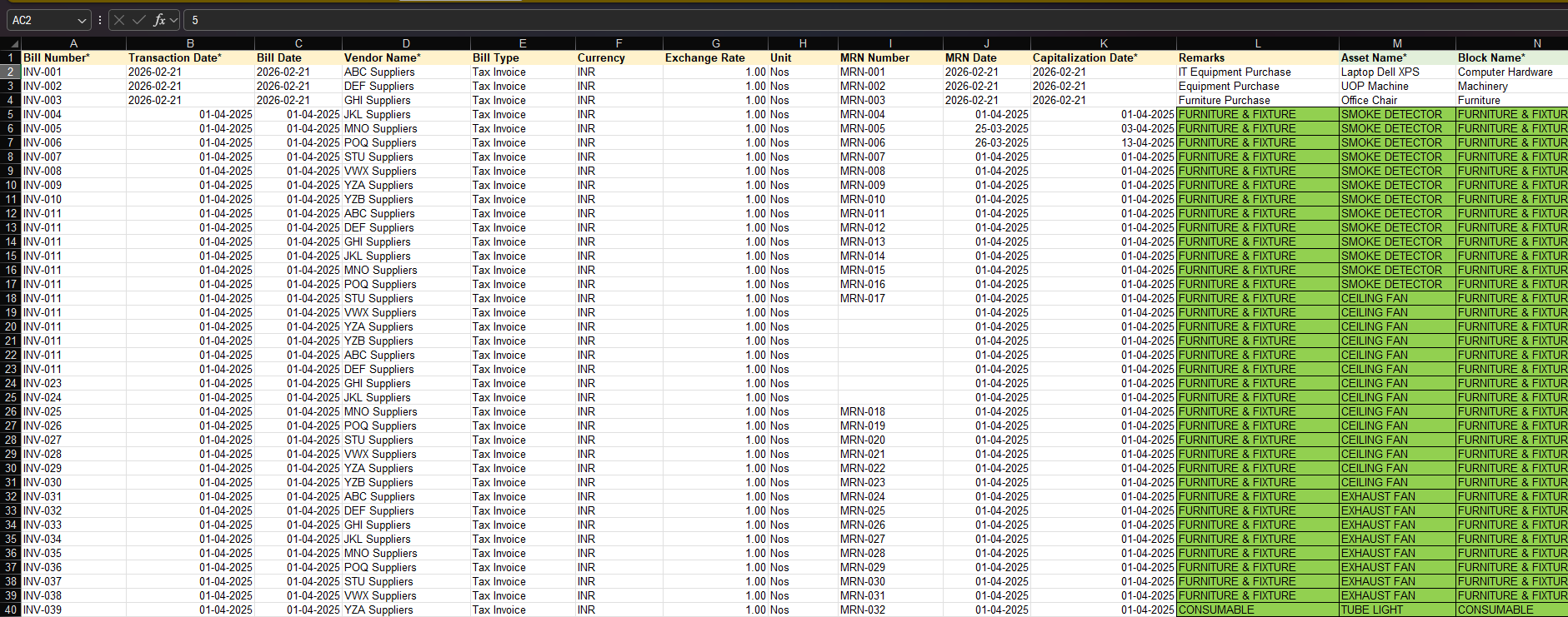 FAMS purchase import spreadsheet template